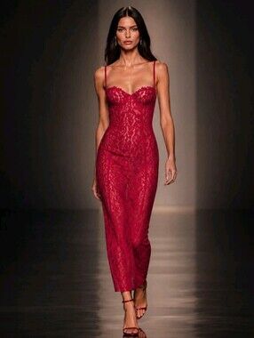 Red Lace Corset Maxi Dress Size Medium Bustier Bodycon Floral Evening Stretch